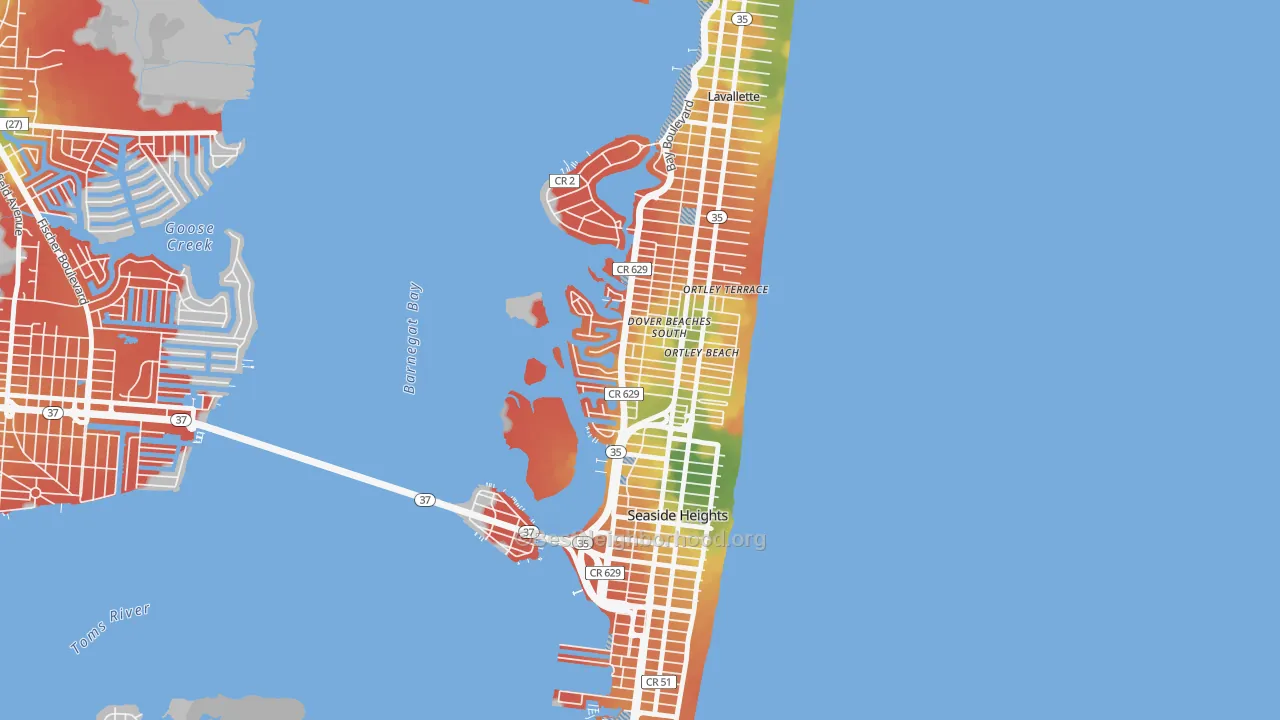 Walk Grade map of Dover Beaches South, NJ, walkable areas in green and car-dependent areas in red