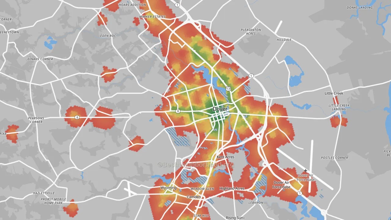 Walk Grade map of Dover, DE, walkable areas in green and car-dependent areas in red