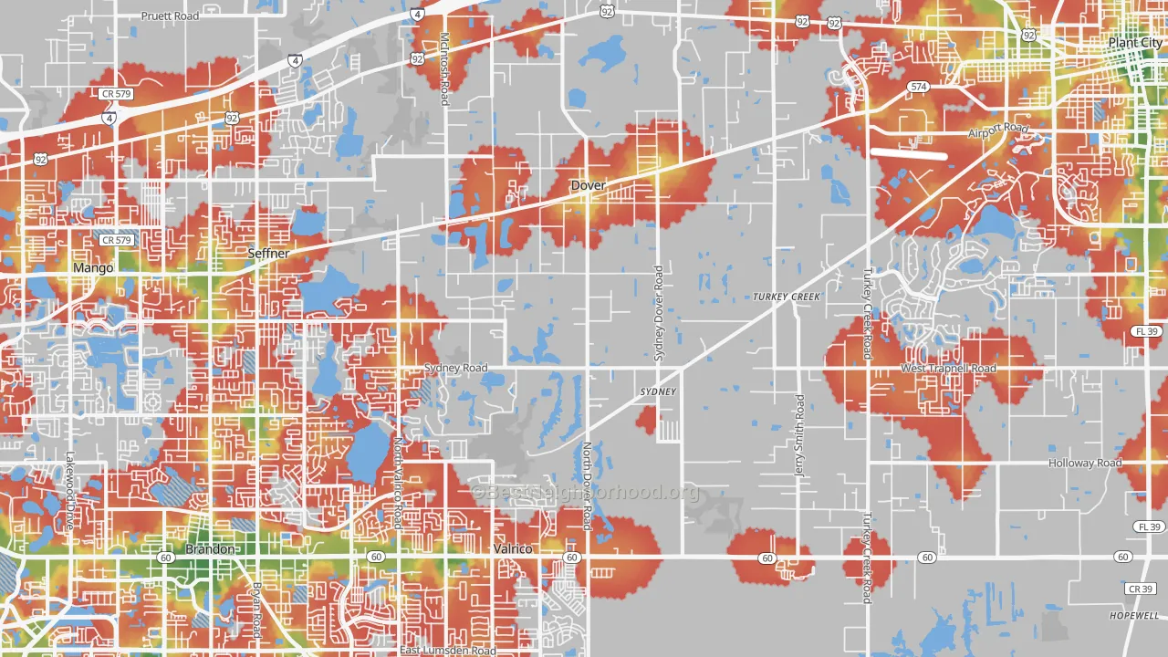 Walk Grade map of Dover, FL, walkable areas in green and car-dependent areas in red