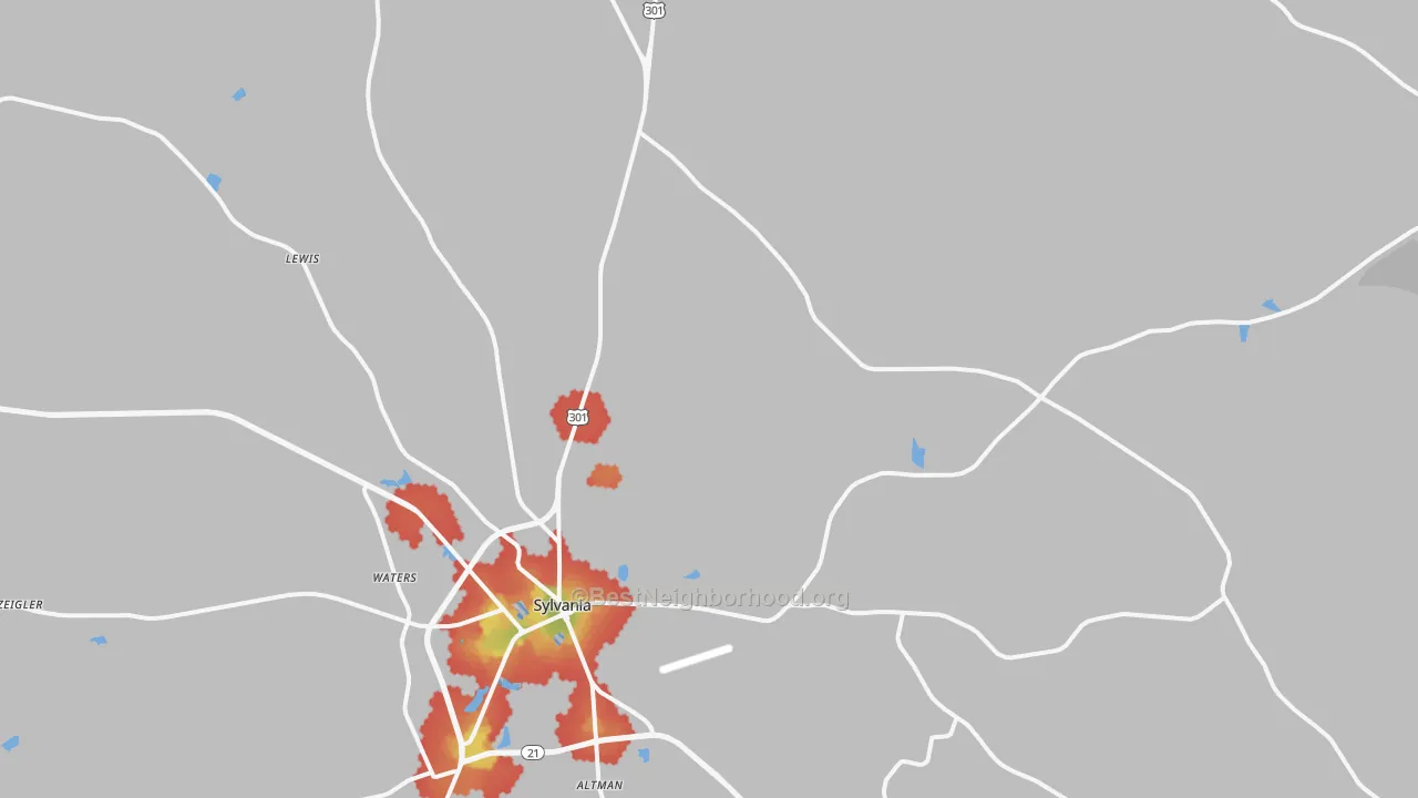 Walk Grade map of Dover, GA, walkable areas in green and car-dependent areas in red