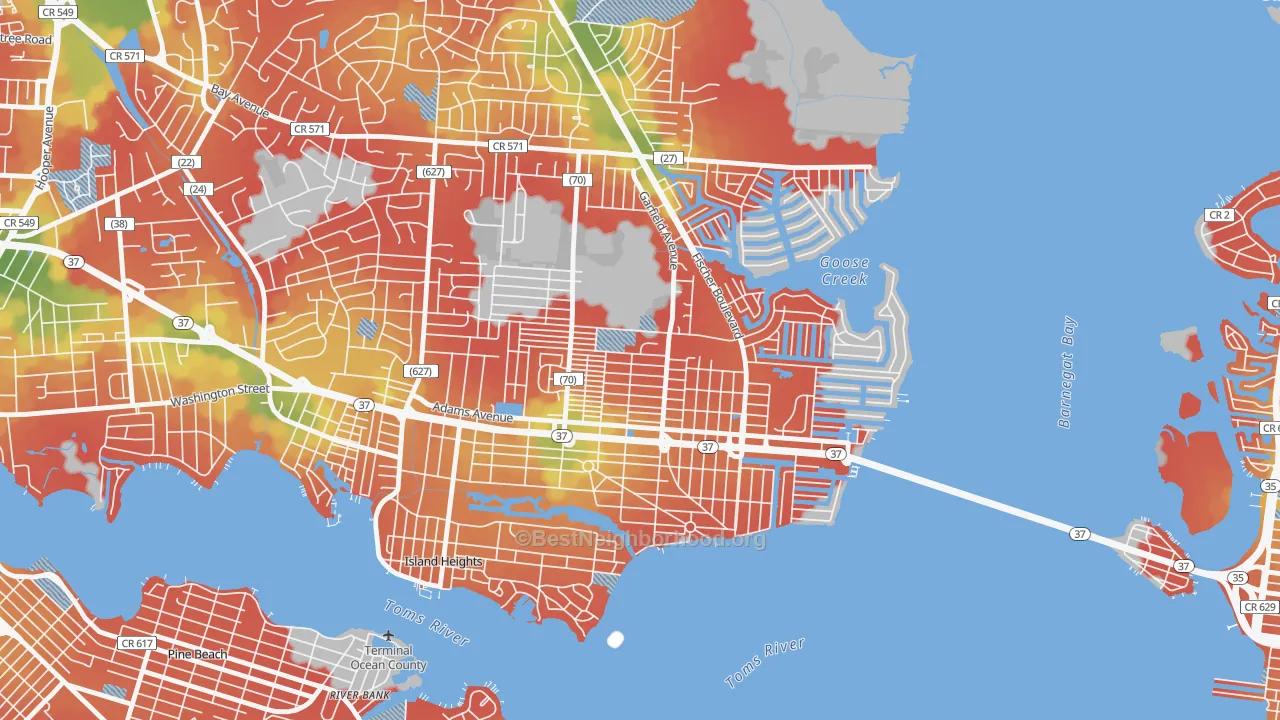 Walk Grade map of Dover Heights, Toms River, NJ, walkable areas in green and car-dependent areas in red