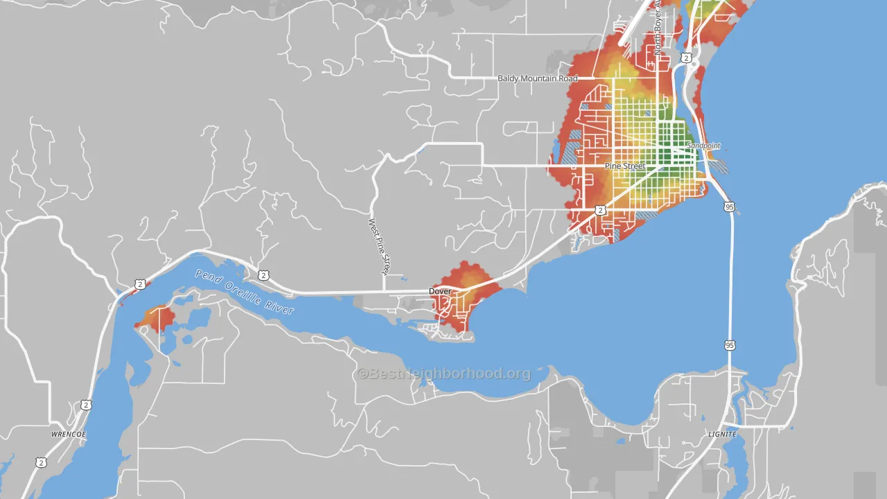 Walk Grade map of Dover, ID, walkable areas in green and car-dependent areas in red