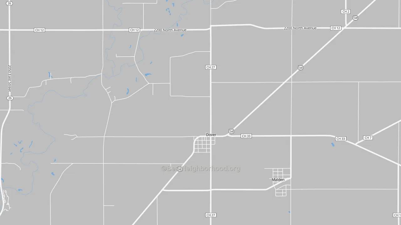Walk Grade map of Dover, IL, walkable areas in green and car-dependent areas in red