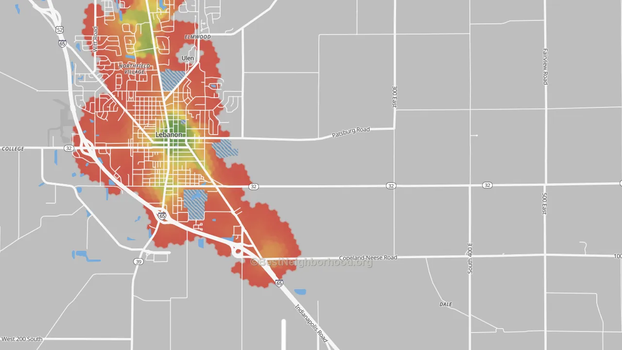 Walk Grade map of Dover, IN, walkable areas in green and car-dependent areas in red