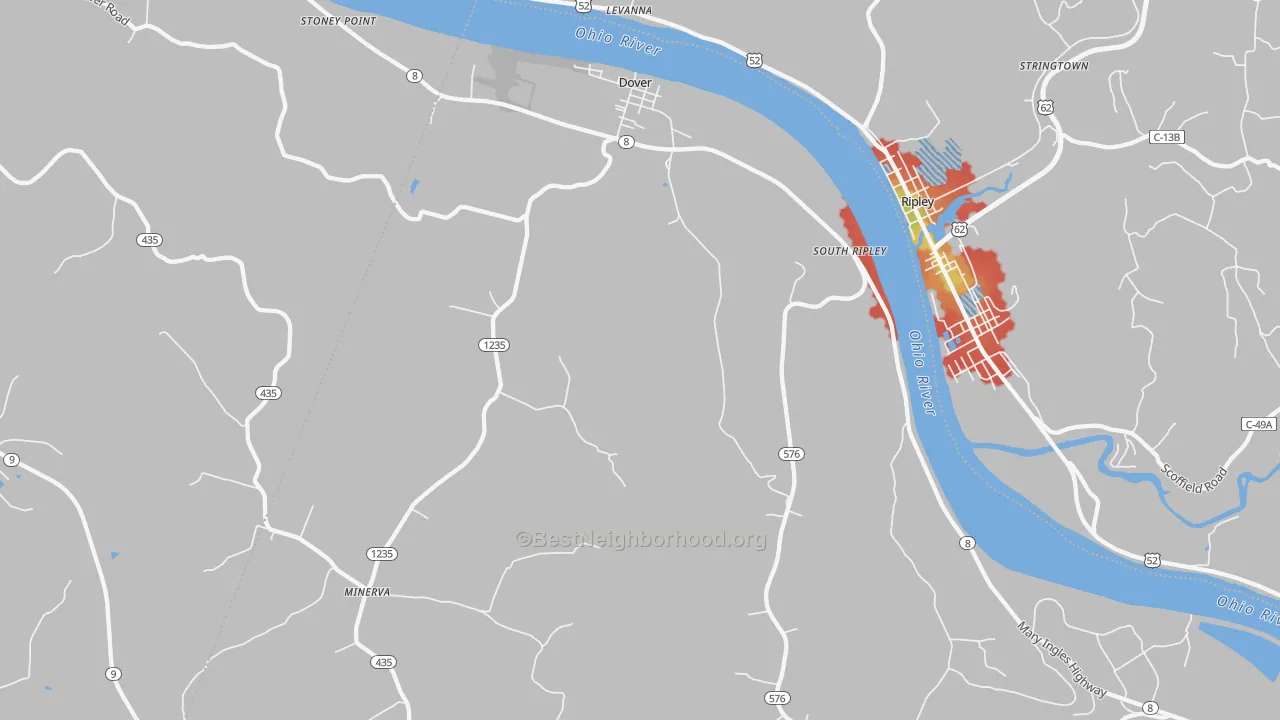 Walk Grade map of Dover, KY, walkable areas in green and car-dependent areas in red
