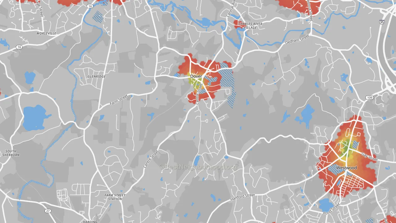 Walk Grade map of Dover, MA, walkable areas in green and car-dependent areas in red