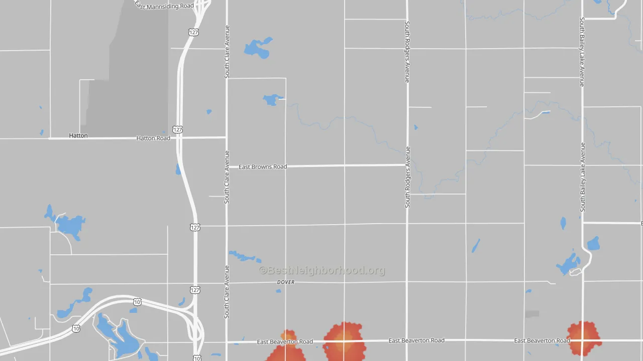 Walk Grade map of Dover, MI, walkable areas in green and car-dependent areas in red