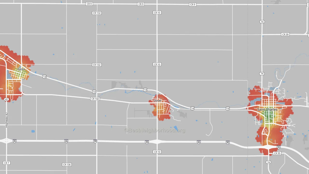 Walk Grade map of Dover, MN, walkable areas in green and car-dependent areas in red