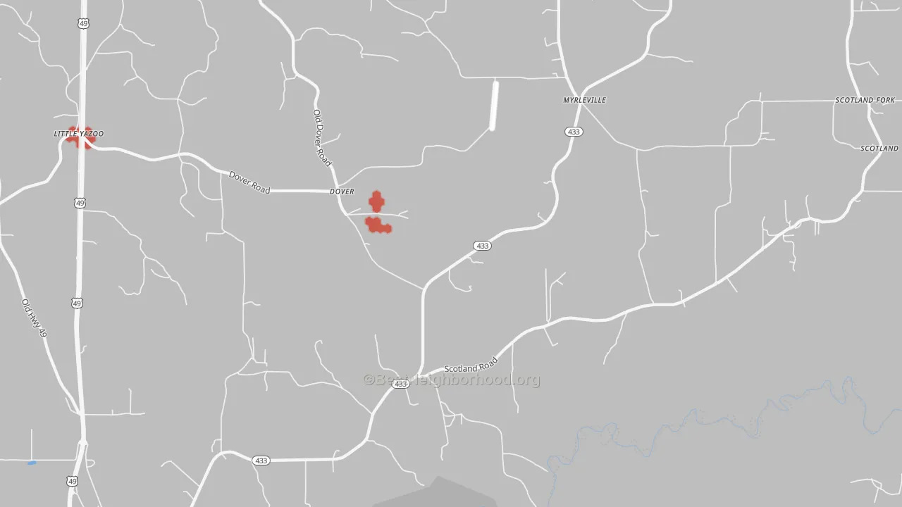 Walk Grade map of Dover, MS, walkable areas in green and car-dependent areas in red