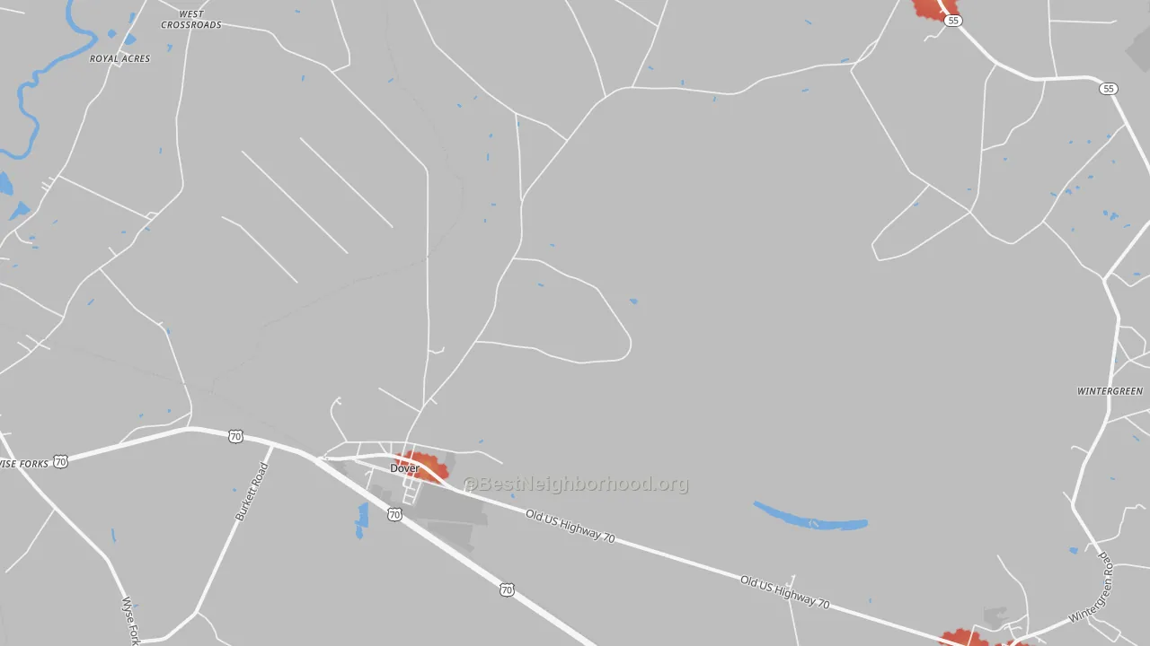 Walk Grade map of Dover, NC, walkable areas in green and car-dependent areas in red