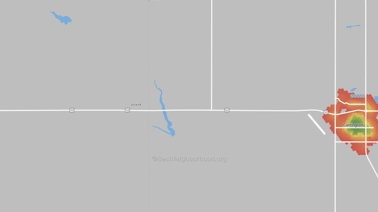 Walk Grade map of Dover, ND, walkable areas in green and car-dependent areas in red