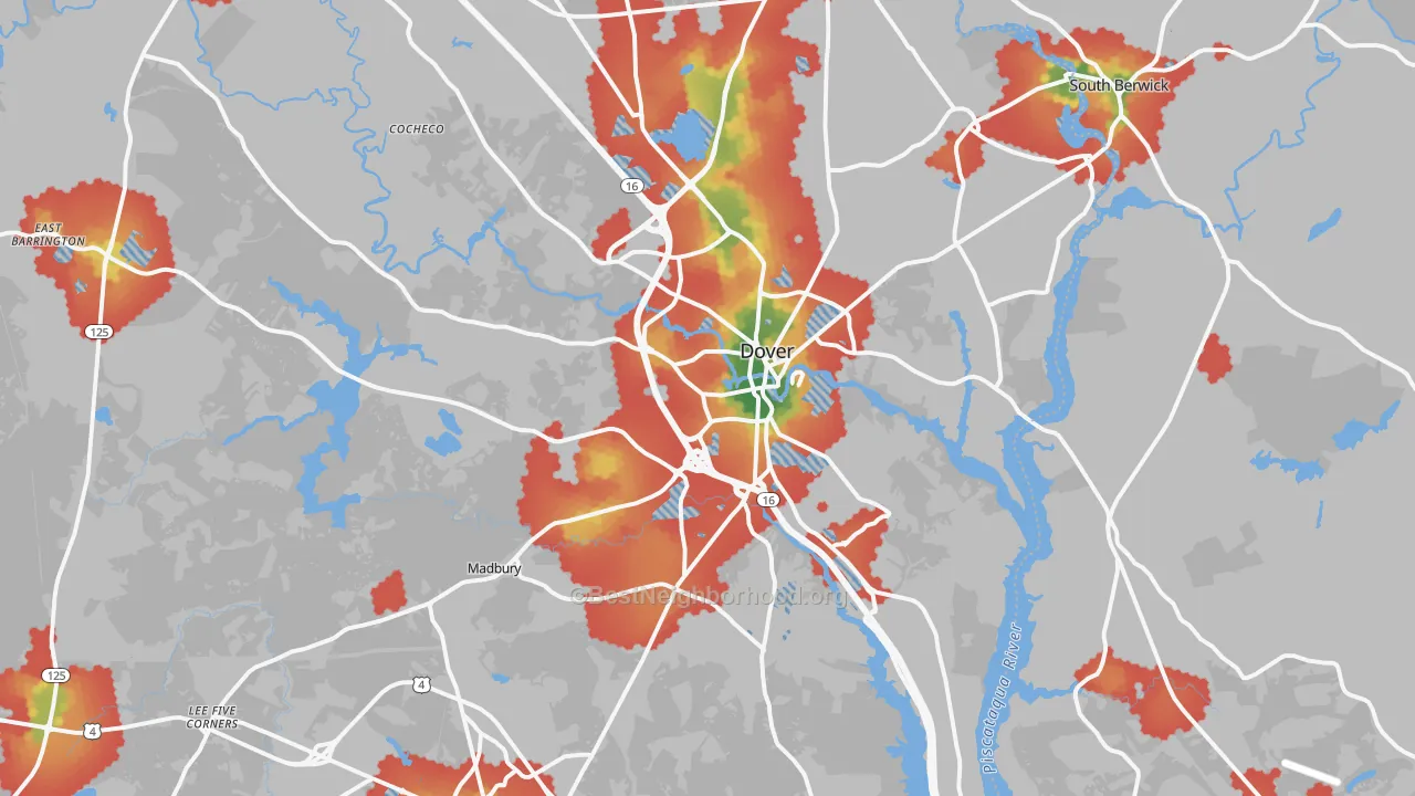 Walk Grade map of Dover, NH, walkable areas in green and car-dependent areas in red