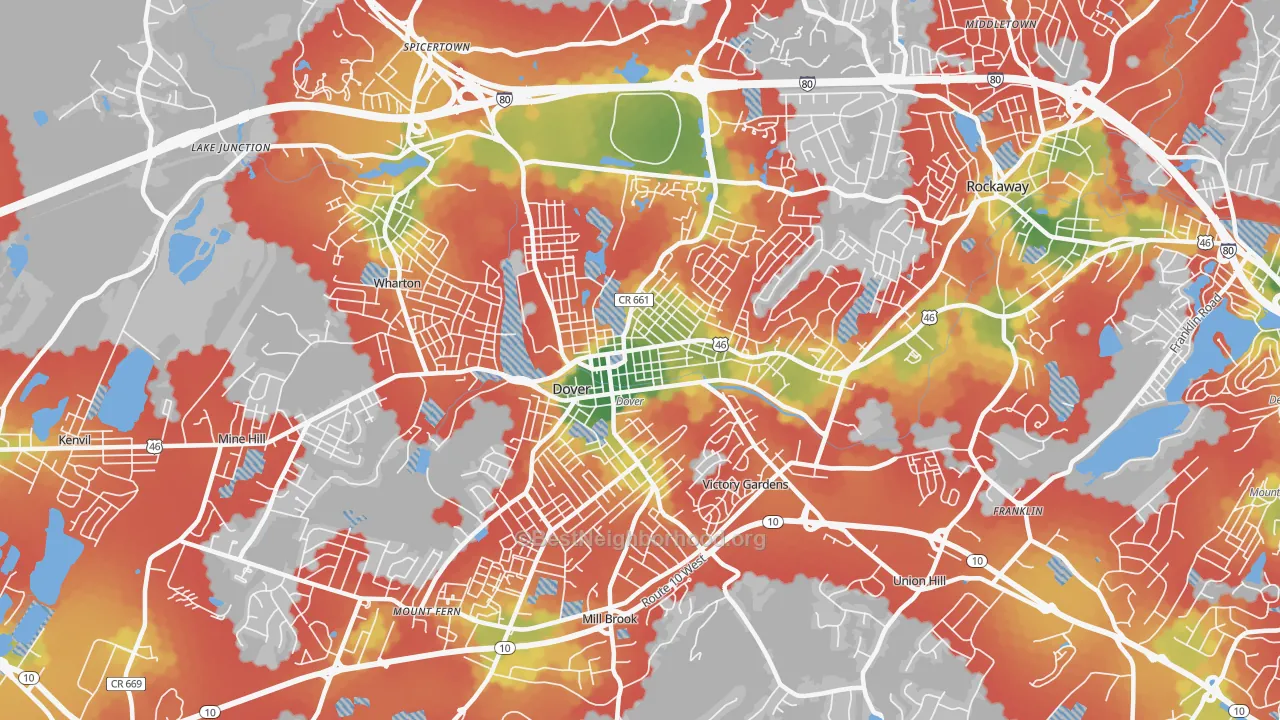 Walk Grade map of Dover, NJ, walkable areas in green and car-dependent areas in red