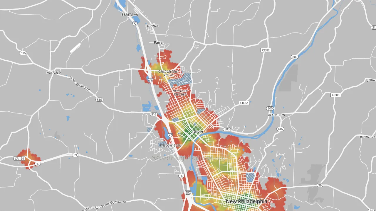Walk Grade map of Dover, OH, walkable areas in green and car-dependent areas in red