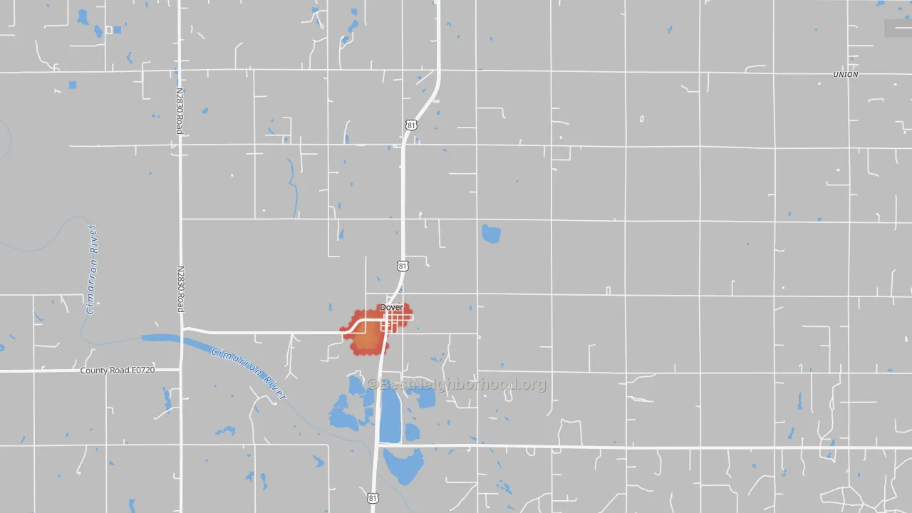 Walk Grade map of Dover, OK, walkable areas in green and car-dependent areas in red