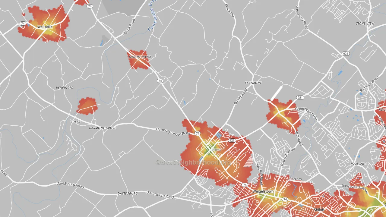 Walk Grade map of Dover, PA, walkable areas in green and car-dependent areas in red