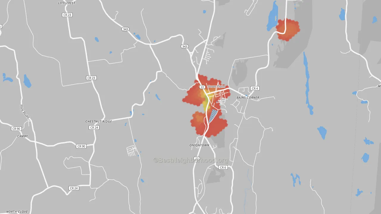 Walk Grade map of Dover Plains, NY, walkable areas in green and car-dependent areas in red