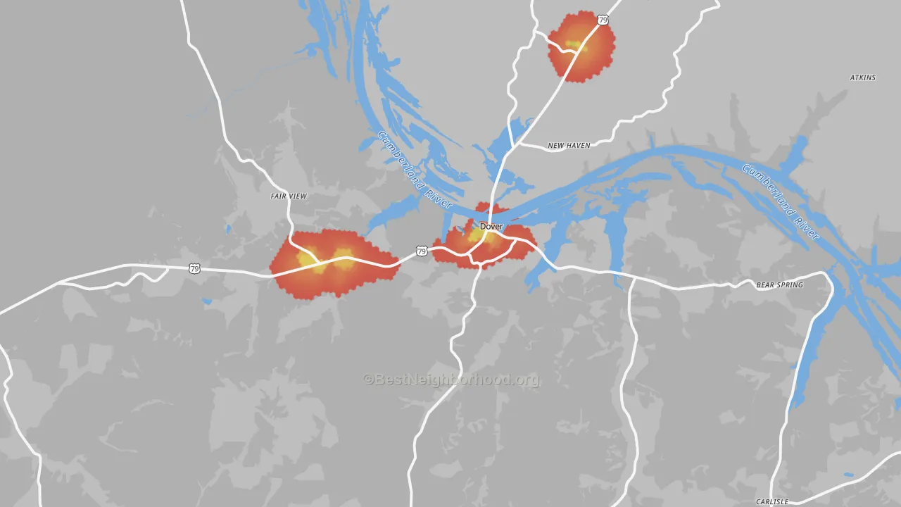 Walk Grade map of Dover, TN, walkable areas in green and car-dependent areas in red