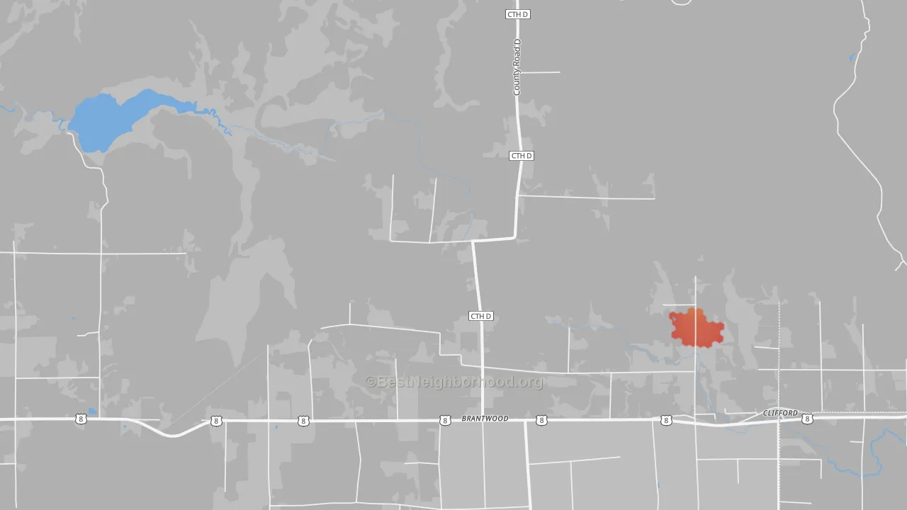 Walk Grade map of Dover, WI, walkable areas in green and car-dependent areas in red