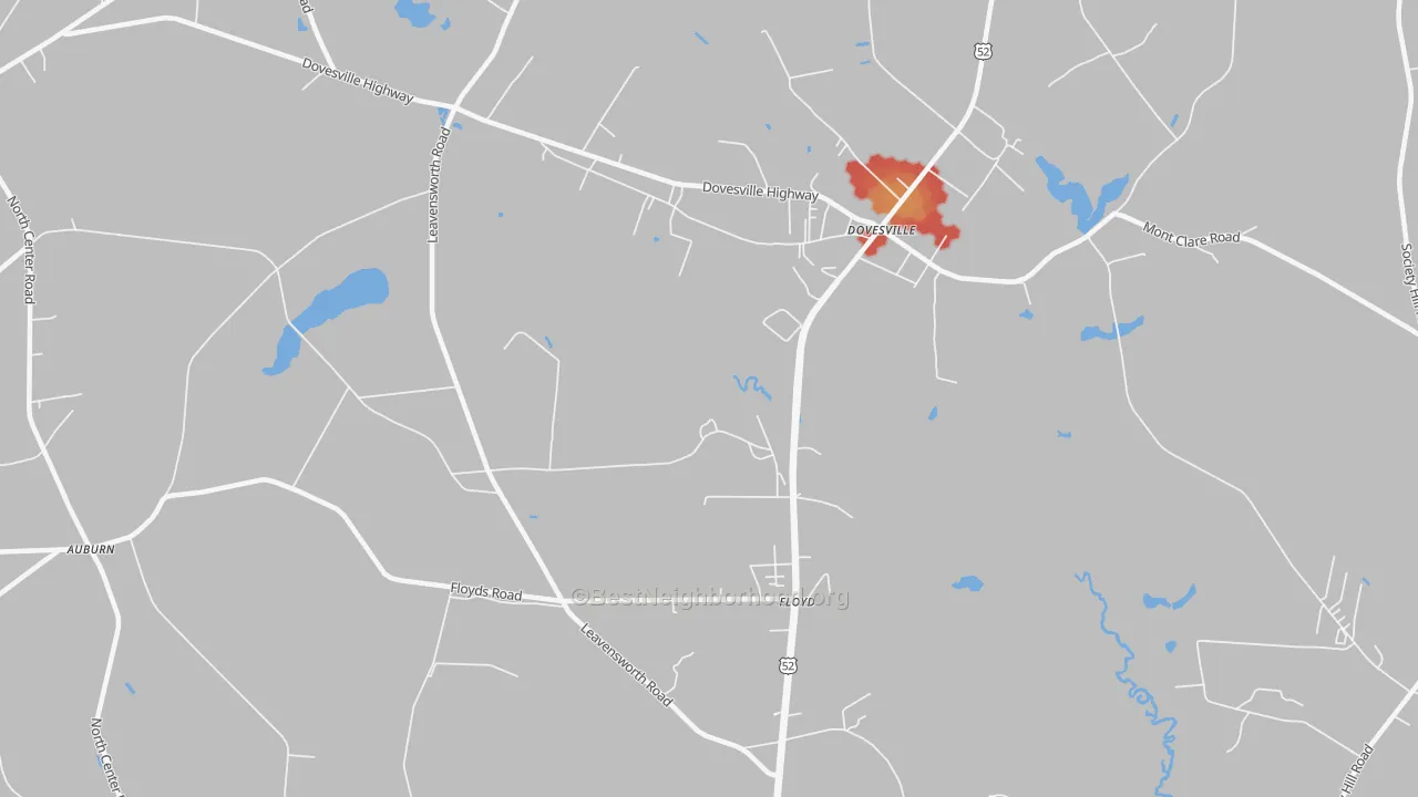 Walk Grade map of Dovesville, SC, walkable areas in green and car-dependent areas in red