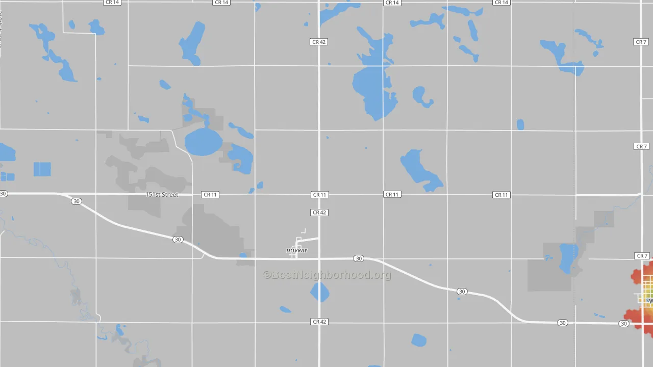 Walk Grade map of Dovray, MN, walkable areas in green and car-dependent areas in red