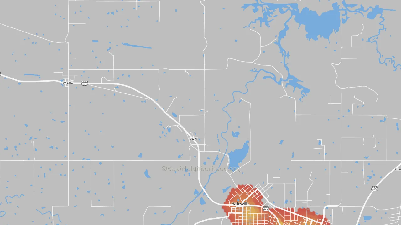 Walk Grade map of Dow, OK, walkable areas in green and car-dependent areas in red