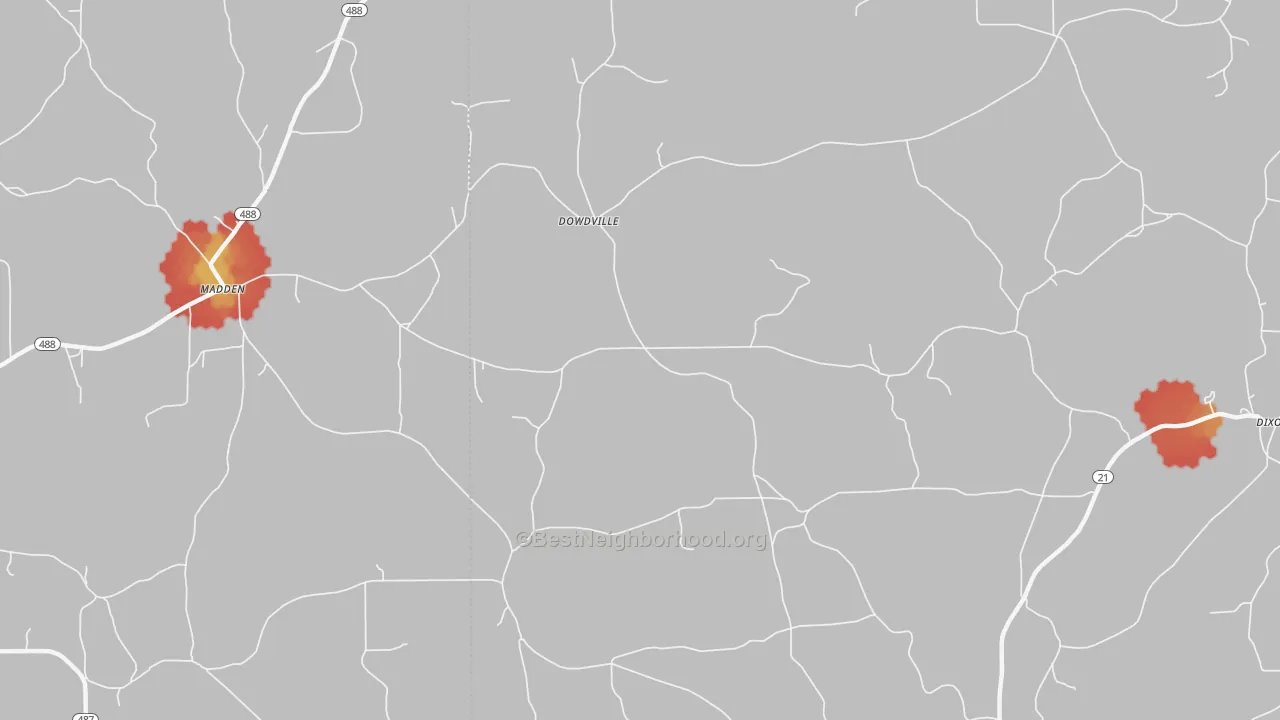 Walk Grade map of Dowdville, MS, walkable areas in green and car-dependent areas in red
