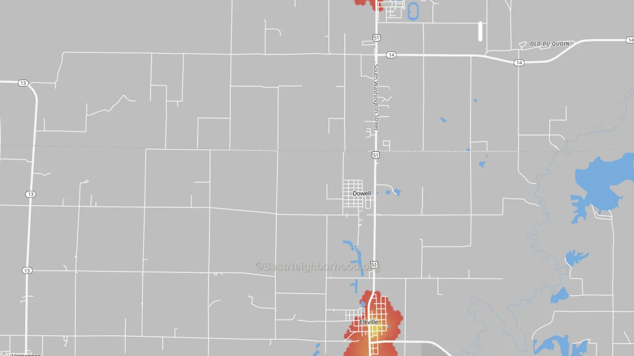 Walk Grade map of Dowell, IL, walkable areas in green and car-dependent areas in red