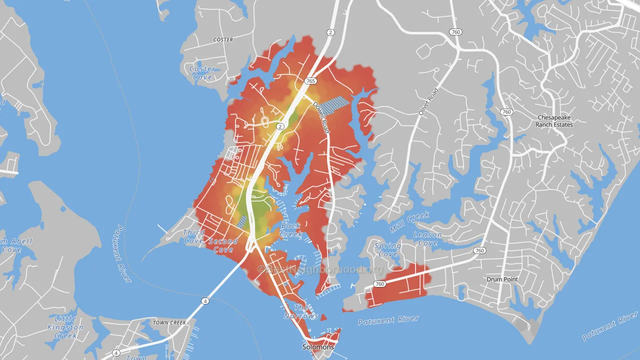 Walk Grade map of Dowell, MD, walkable areas in green and car-dependent areas in red