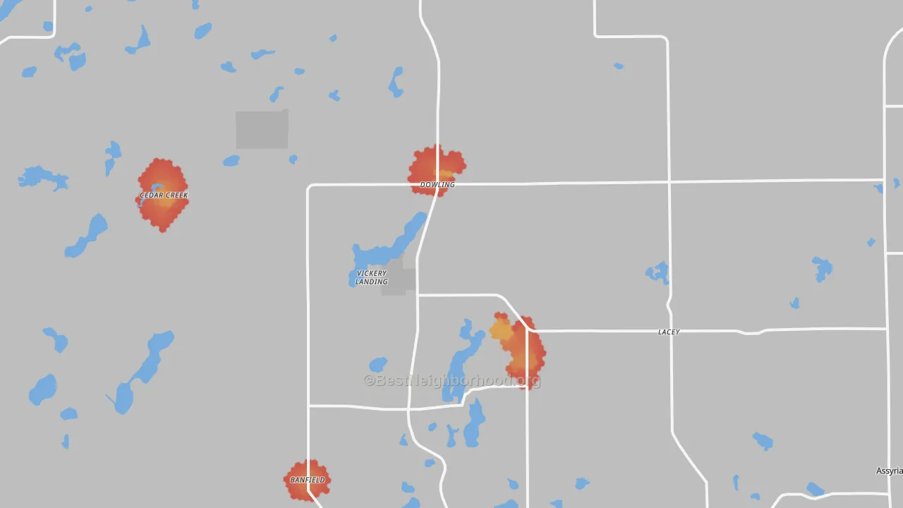 Walk Grade map of Dowling, MI, walkable areas in green and car-dependent areas in red