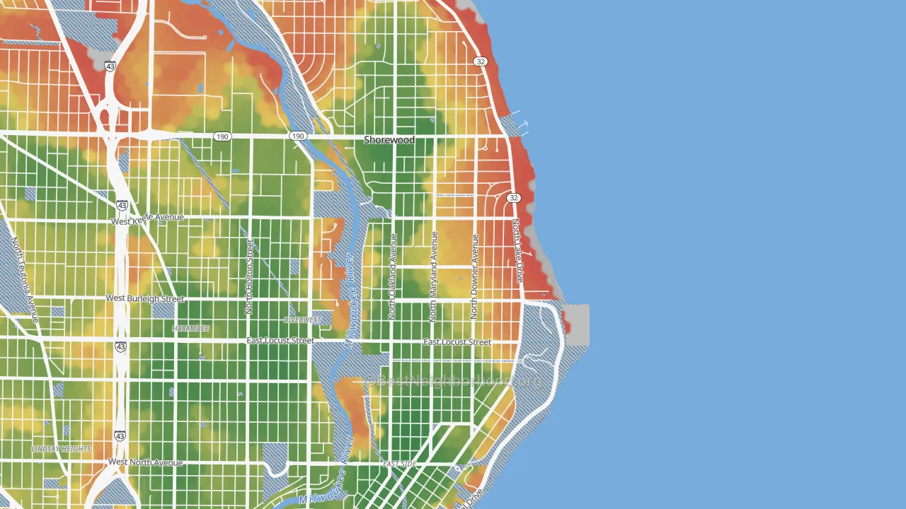 Walk Grade map of Downer Woods, Milwaukee, WI, walkable areas in green and car-dependent areas in red