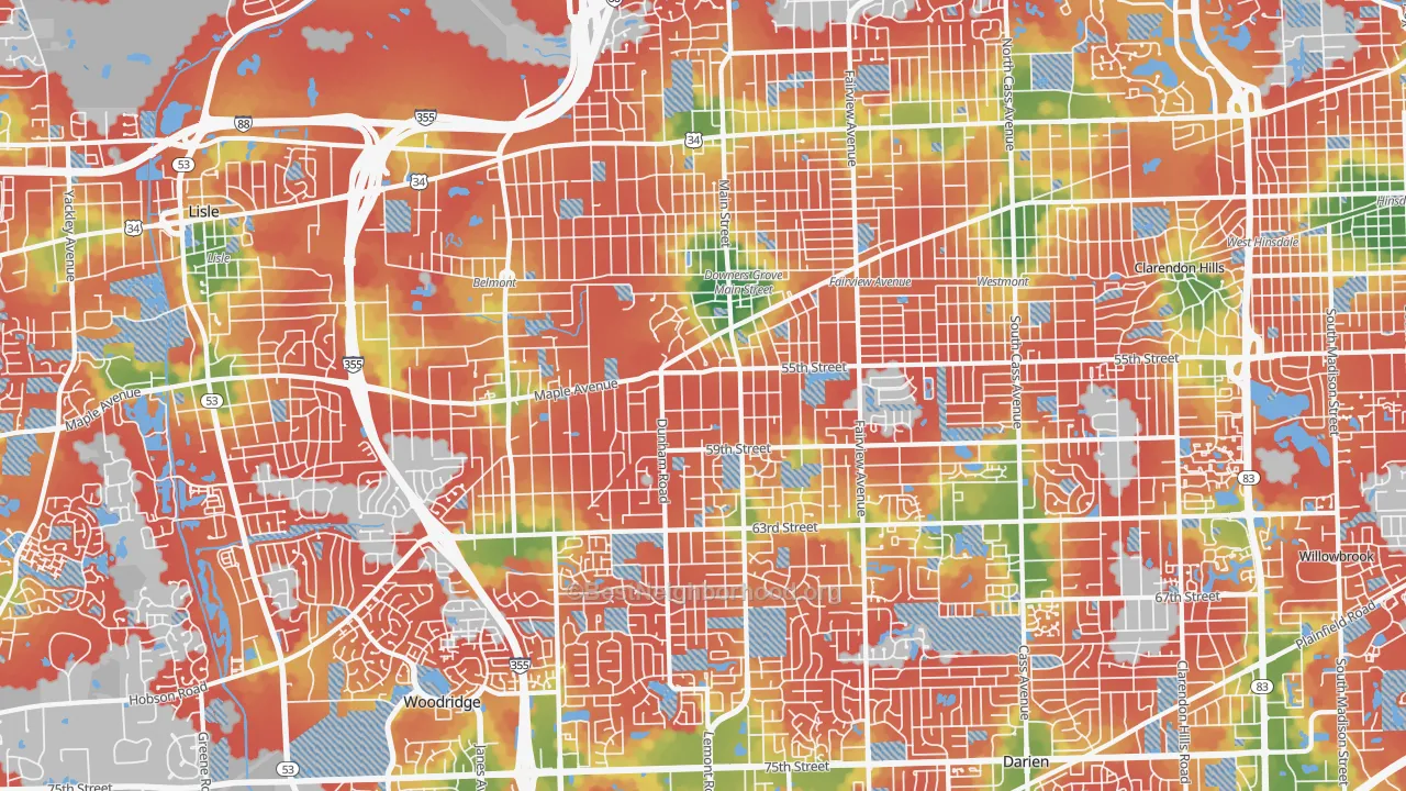 Walk Grade map of Downers Grove, IL, walkable areas in green and car-dependent areas in red