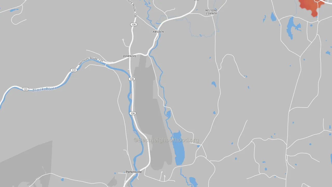 Walk Grade map of Downers, VT, walkable areas in green and car-dependent areas in red