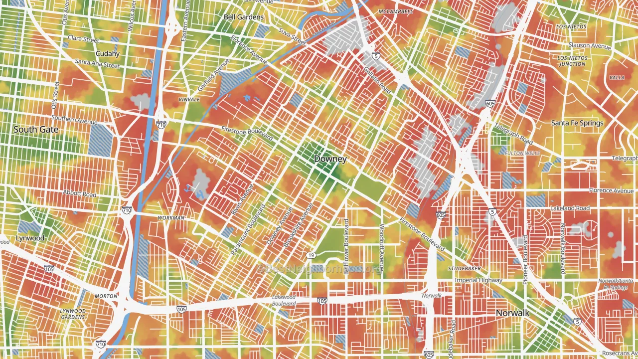 Walk Grade map of Downey, CA, walkable areas in green and car-dependent areas in red