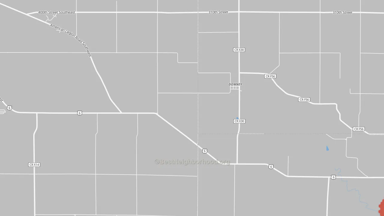Walk Grade map of Downey, IA, walkable areas in green and car-dependent areas in red