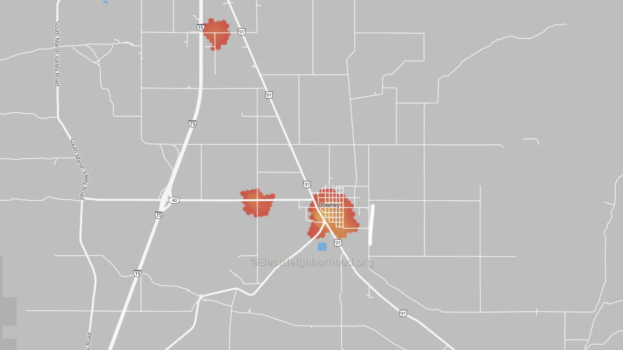 Walk Grade map of Downey, ID, walkable areas in green and car-dependent areas in red