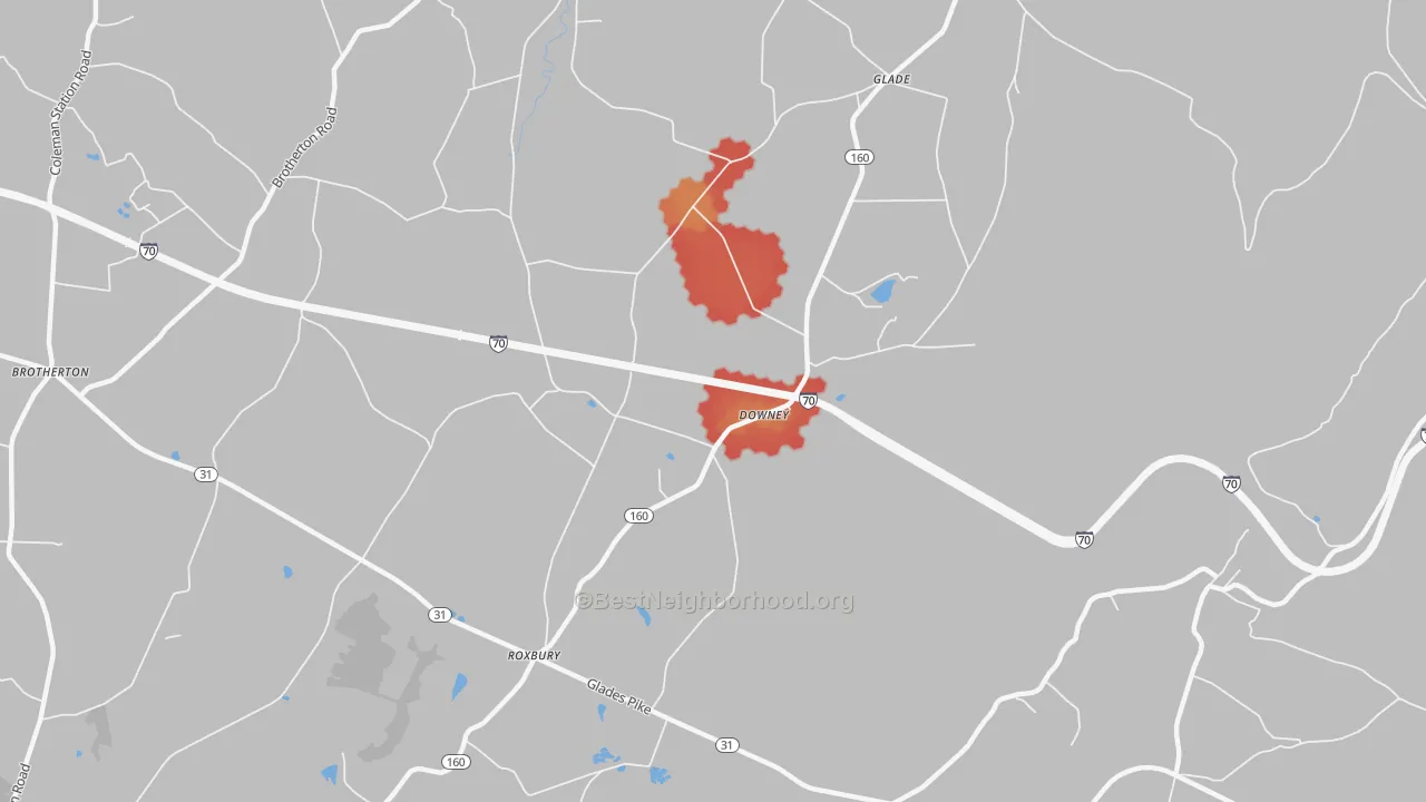 Walk Grade map of Downey, PA, walkable areas in green and car-dependent areas in red