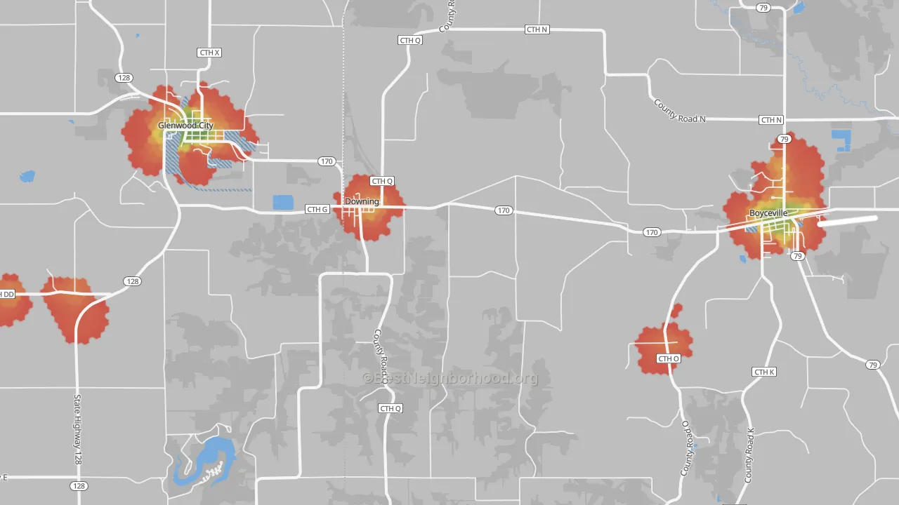 Walk Grade map of Downing, WI, walkable areas in green and car-dependent areas in red