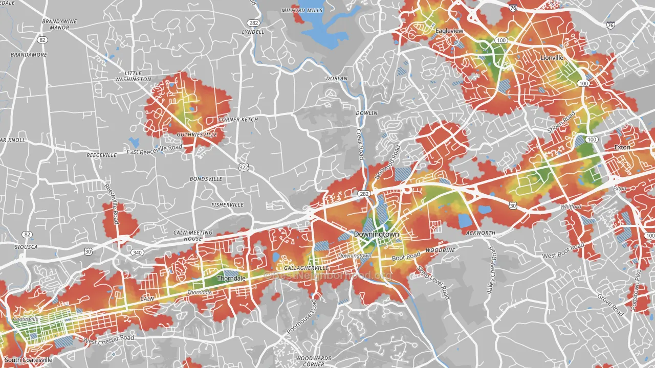 Walk Grade map of Downingtown, PA, walkable areas in green and car-dependent areas in red