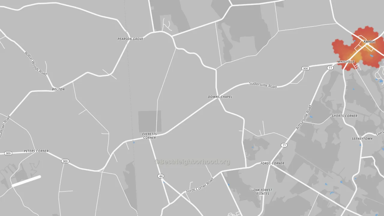 Walk Grade map of Downs Chapel, DE, walkable areas in green and car-dependent areas in red