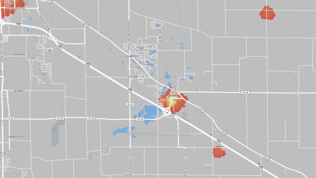 Walk Grade map of Downs, IL, walkable areas in green and car-dependent areas in red