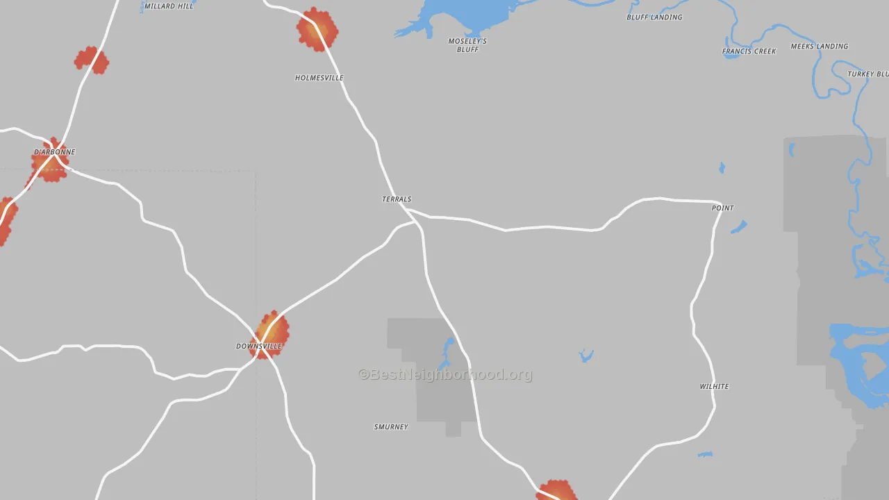 Walk Grade map of Downsville, LA, walkable areas in green and car-dependent areas in red