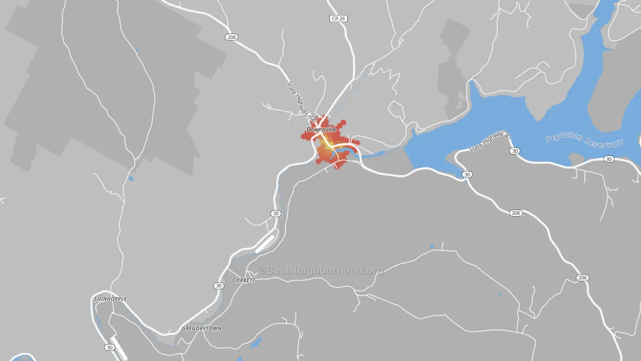Walk Grade map of Downsville, NY, walkable areas in green and car-dependent areas in red