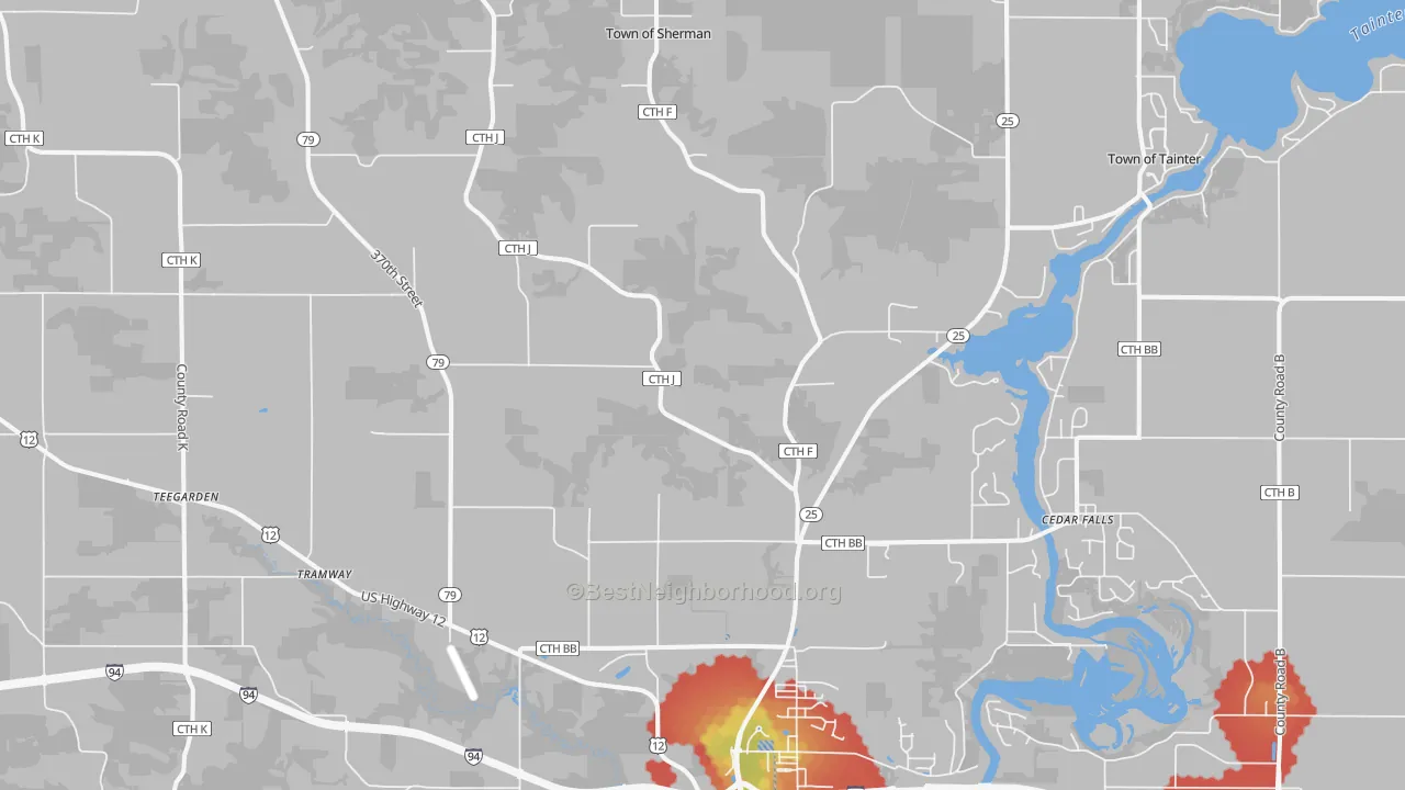 Walk Grade map of Downsville, WI, walkable areas in green and car-dependent areas in red