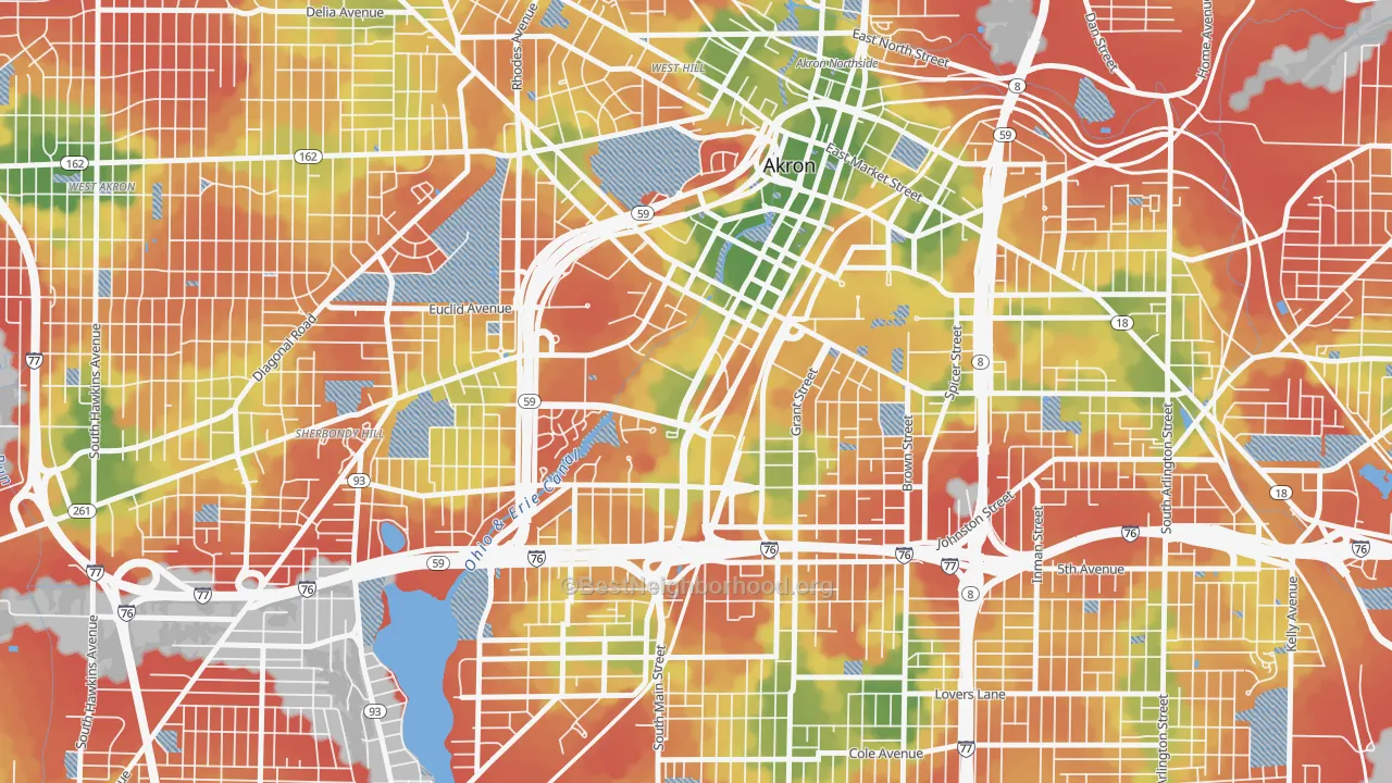 Walk Grade map of Downtown Akron, Akron, OH, walkable areas in green and car-dependent areas in red