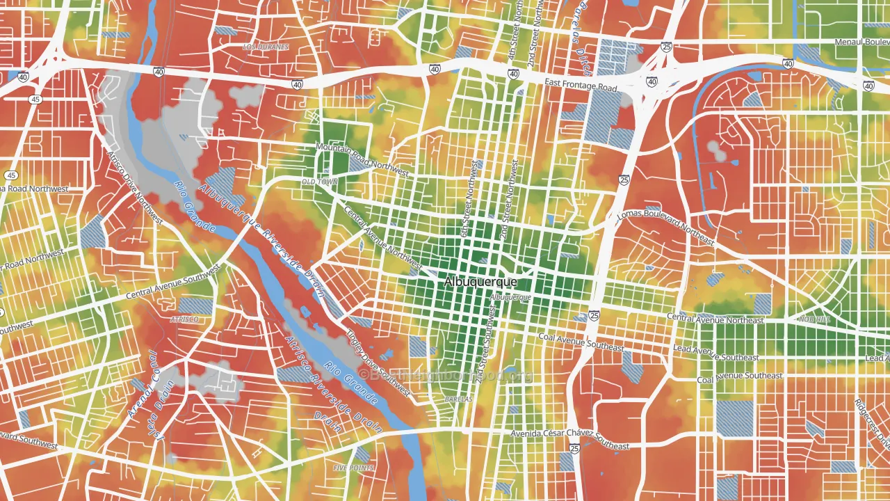 Walk Grade map of Downtown, Albuquerque, NM, walkable areas in green and car-dependent areas in red