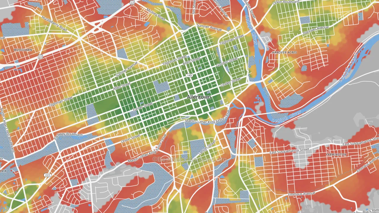Walk Grade map of Downtown, Allentown, PA, walkable areas in green and car-dependent areas in red
