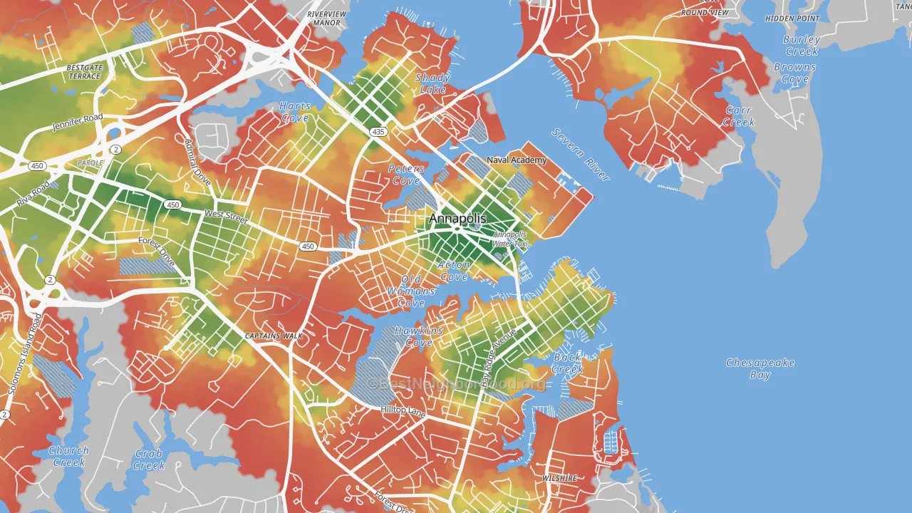 Walk Grade map of Downtown Annapolis, Annapolis, MD, walkable areas in green and car-dependent areas in red