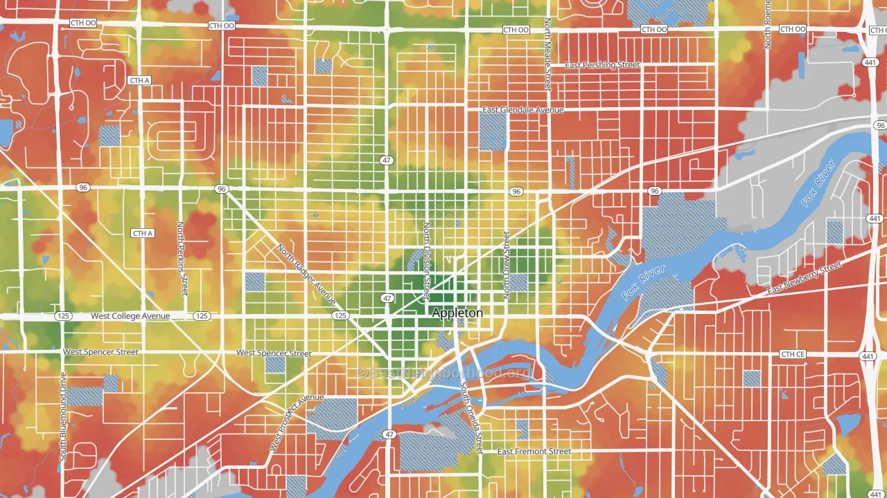 Walk Grade map of Downtown Appleton, Appleton, WI, walkable areas in green and car-dependent areas in red