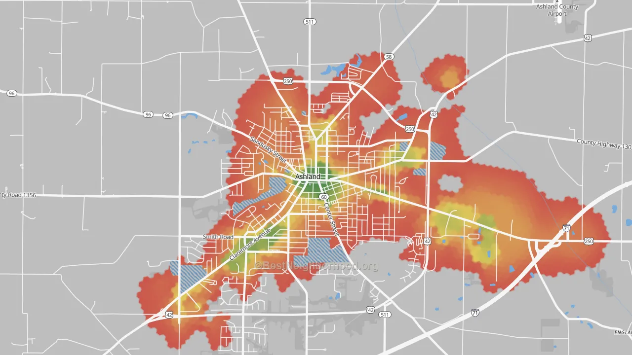 Walk Grade map of Downtown Ashland, Ashland, OH, walkable areas in green and car-dependent areas in red